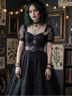 Collectif London New Skylar Heart Mesh Tulle Swing Dress Black Medium Whimsigoth